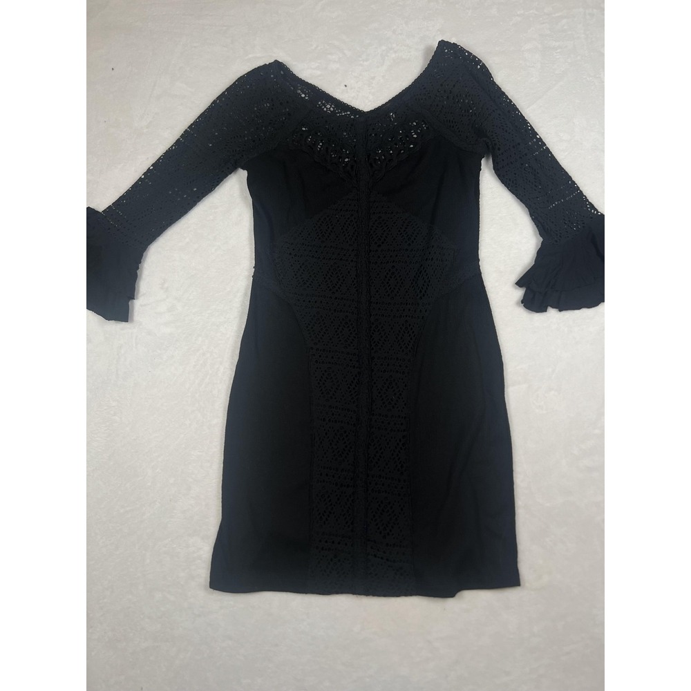 Free People Dress Womens Large Black Lace Bell Sleeve Bodycon Mini Cocktail‎